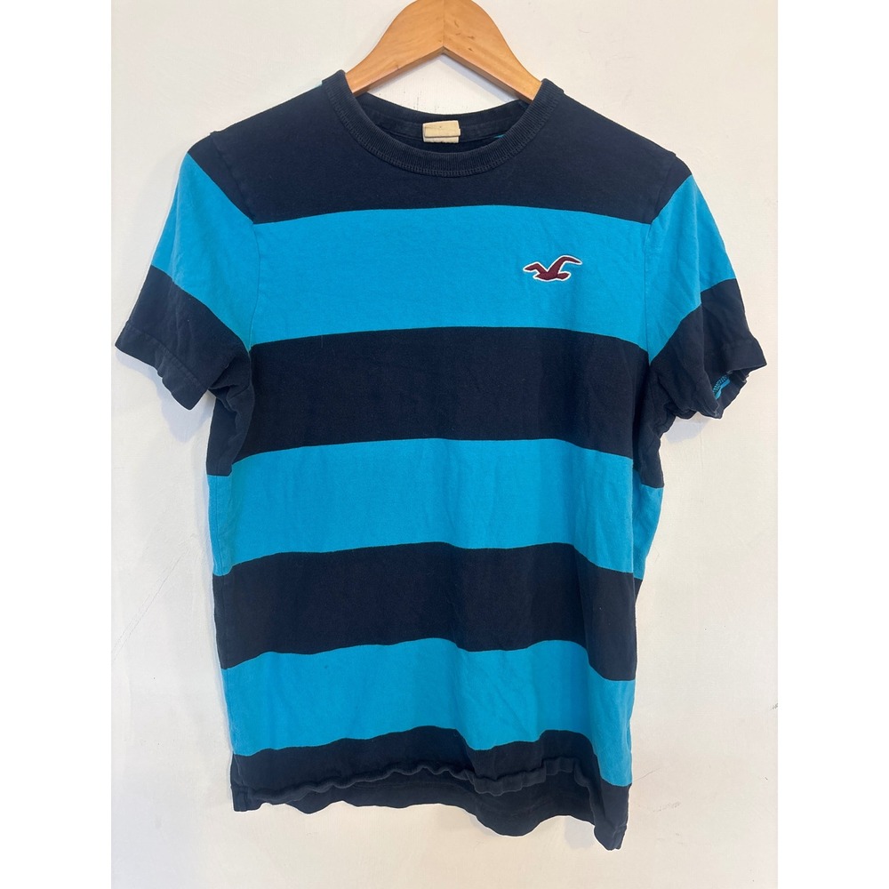 Hollister Mens Large Blue Navy Striped Crew Neck Short Sleeve T-Shirt Logo